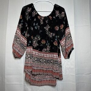 Knox Rose Floral Tunic Blouse L Black Boho Smocked Neck 3/4 Sleeve
